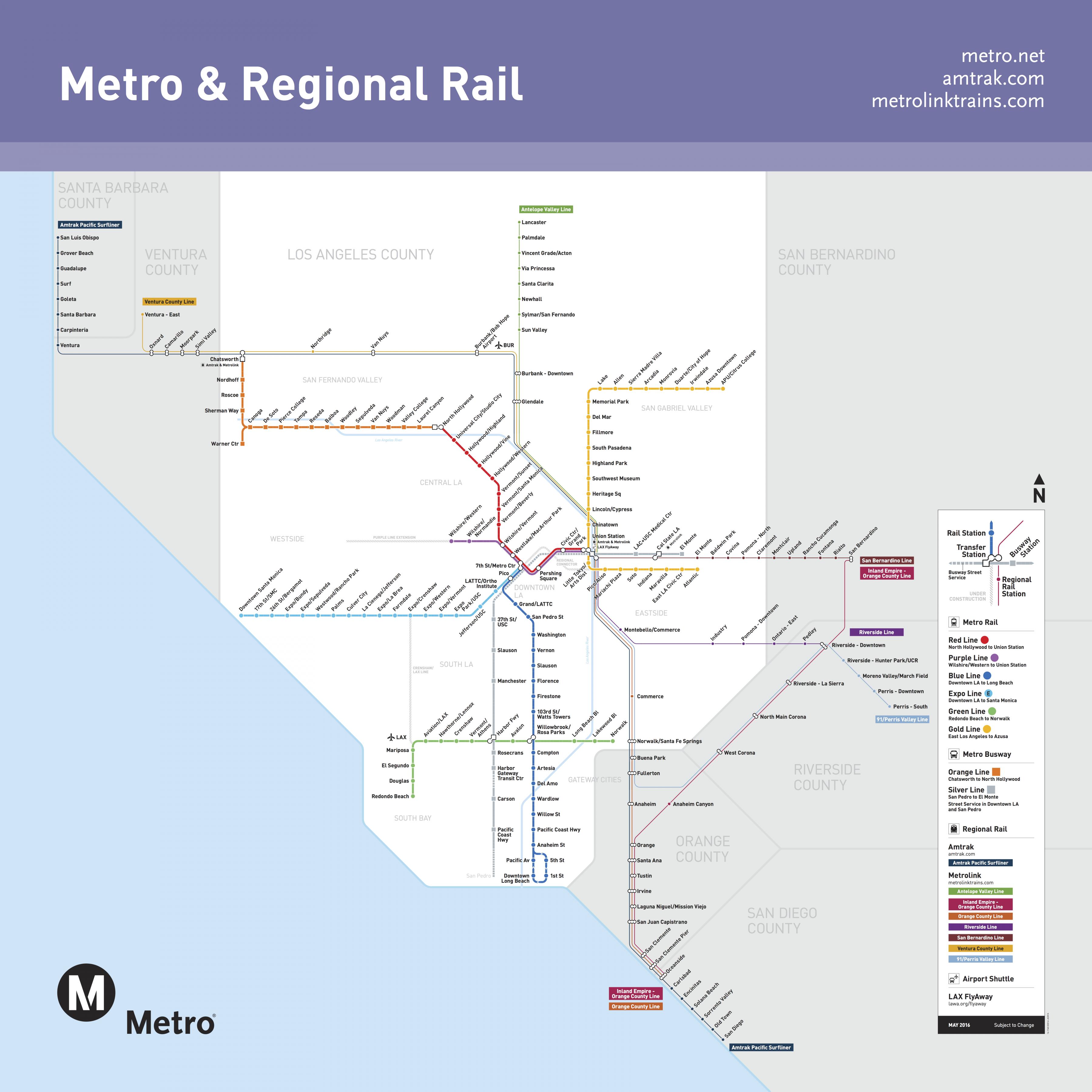 Map of Los Angeles metro metro lines and metro stations of Los Angeles